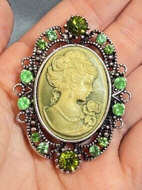 Cameo Brooch Green Rhinestone Vintage Style Portrait Pin 2”